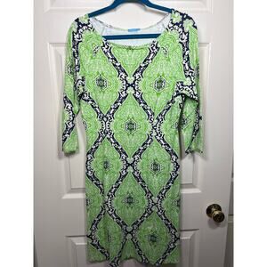 J. McLaughlin Green Blue Damask Boatneck Catalina Cloth Mari Dress Coastal Chic